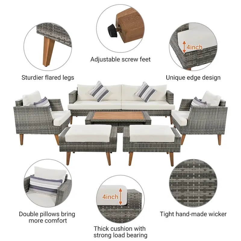 6-Pieces All Weather PE Wicker Sofa Set with Double Cushions