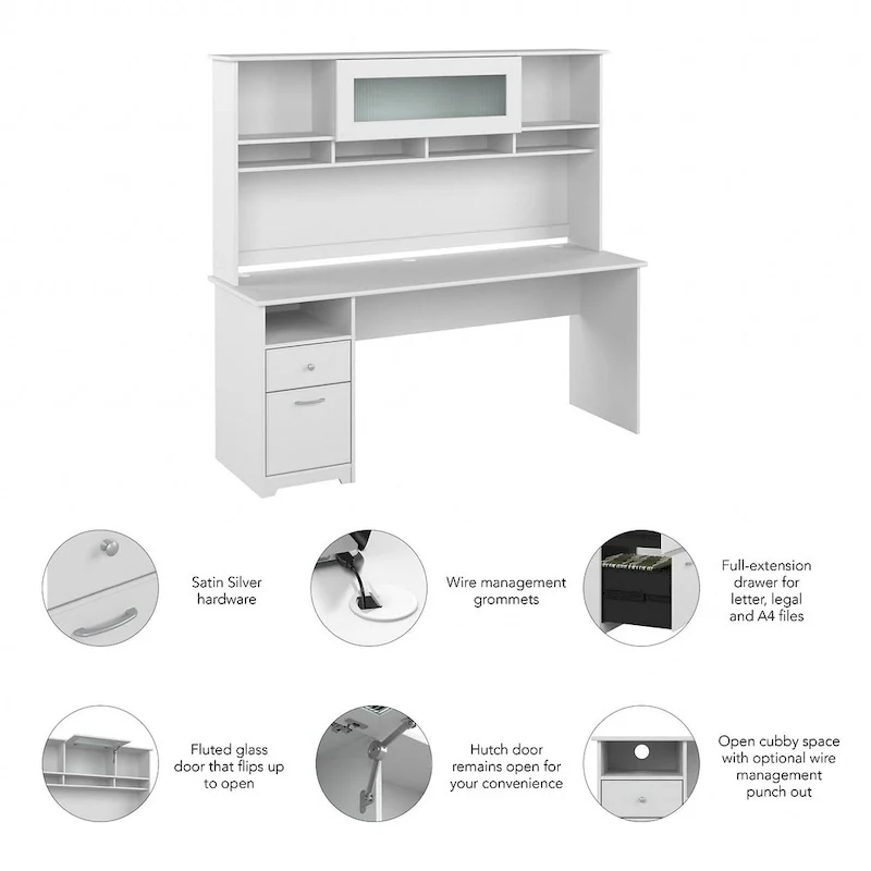 72W Computer Desk with Hutch and Drawers by