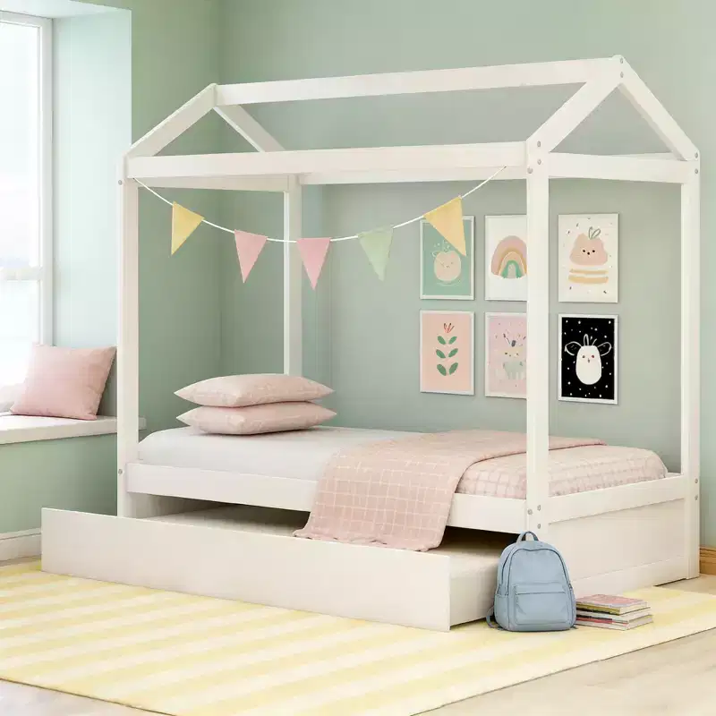 Twin Size Wood House Bed with Trundle, White