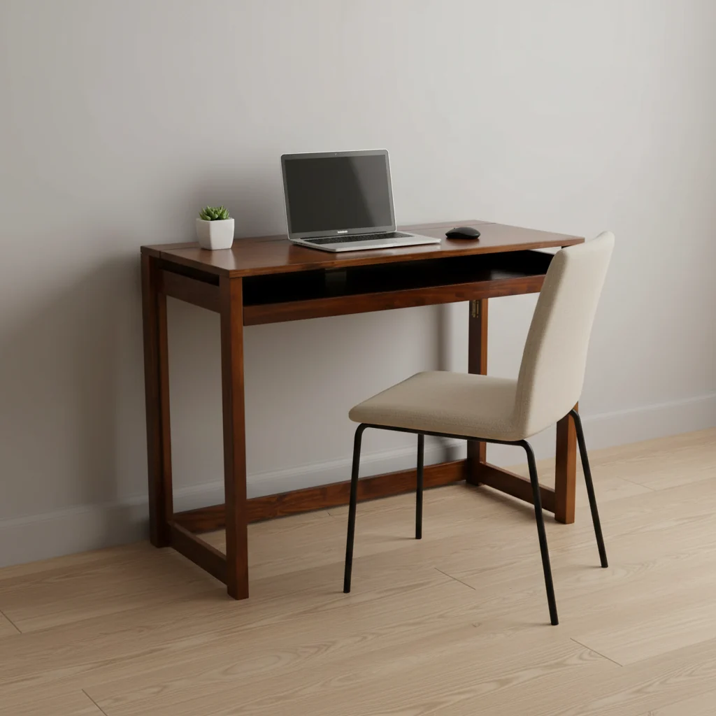 Folding Computer Desk with 4-Port USB Charging Station, Pull-Out Keyboard Tray, Solid Wood, Walnut