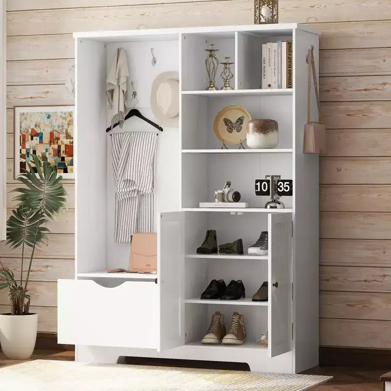 52.7W 5-in-1 Hall Tree with 7 Hooks , Shoe Cabinet and Entryway Storage Bench, Modern Coat Rack with Storage Shelves 4Q - ModernLuxe