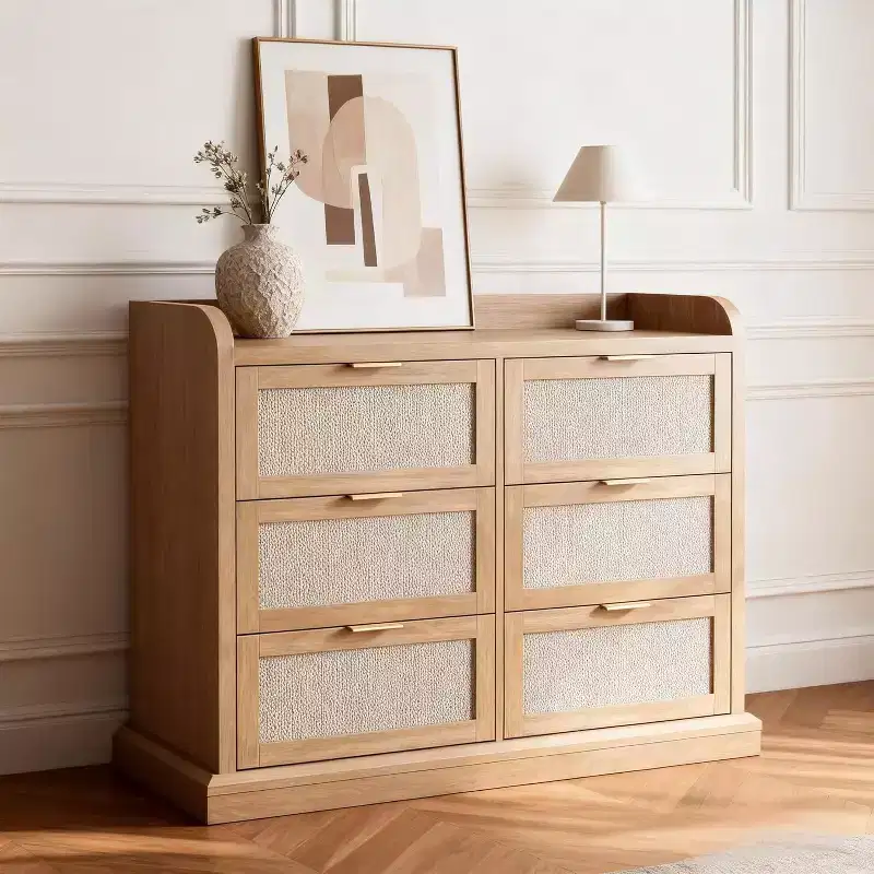 Farmhouse 6 Drawer Dresser for Bedroom, Rattan Chest of Drawers with Storage,Large Dresser Chest of Drawers with Gold Handle,for Bedroom/Entryway