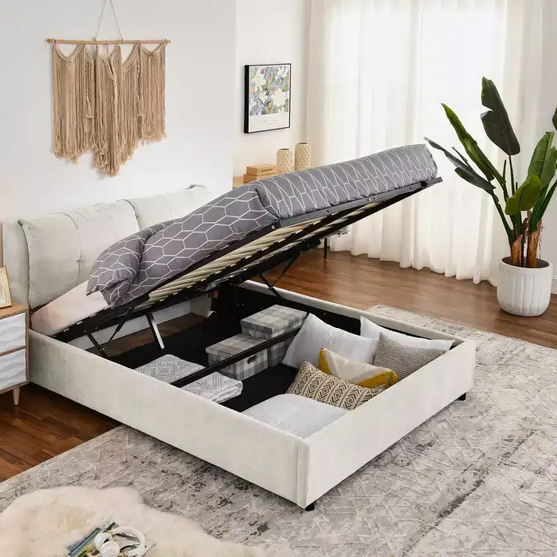 Queen/King Storage Platform Bed Frame, Chenille Upholstered with Soft Headboard