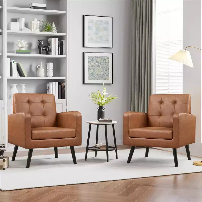 Yaheetech Set of 2 Faux Leather Tufted Back Arm Chair Accent Chair with Solid Wood Legs