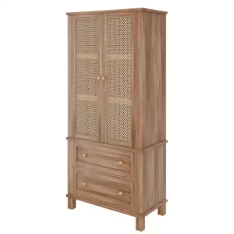 Particleboard Rattan-Woven Food Storage Cabinet - Light Walnut Finish