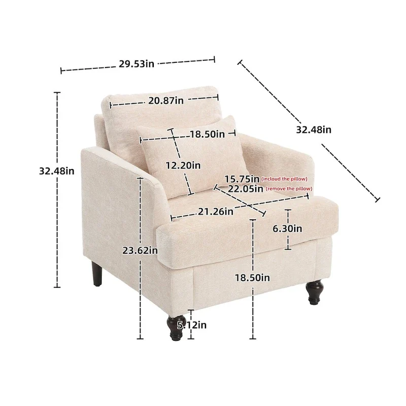 Chenille Single Sofa Chair, Upholstered Accent Chair with Soft Pillow, Mid Century Modern Reading Armchair