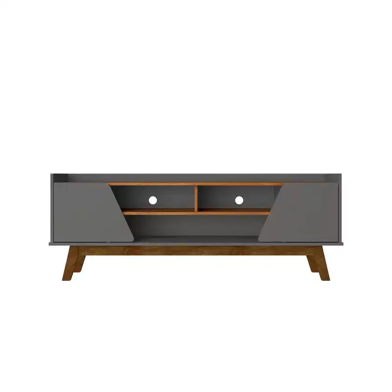 Marcus Mid-Century Modern 5 Shelf TV Stand for TVs up to 65": Solid Pine Legs, Cable Management - Manhattan Comfort
