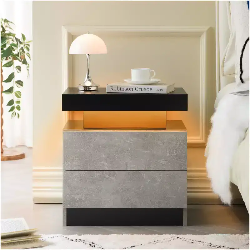 Nightstand Bedside Table Cabinet Modern End Side with 2 Drawers for Bedroom (Black+Gray)
