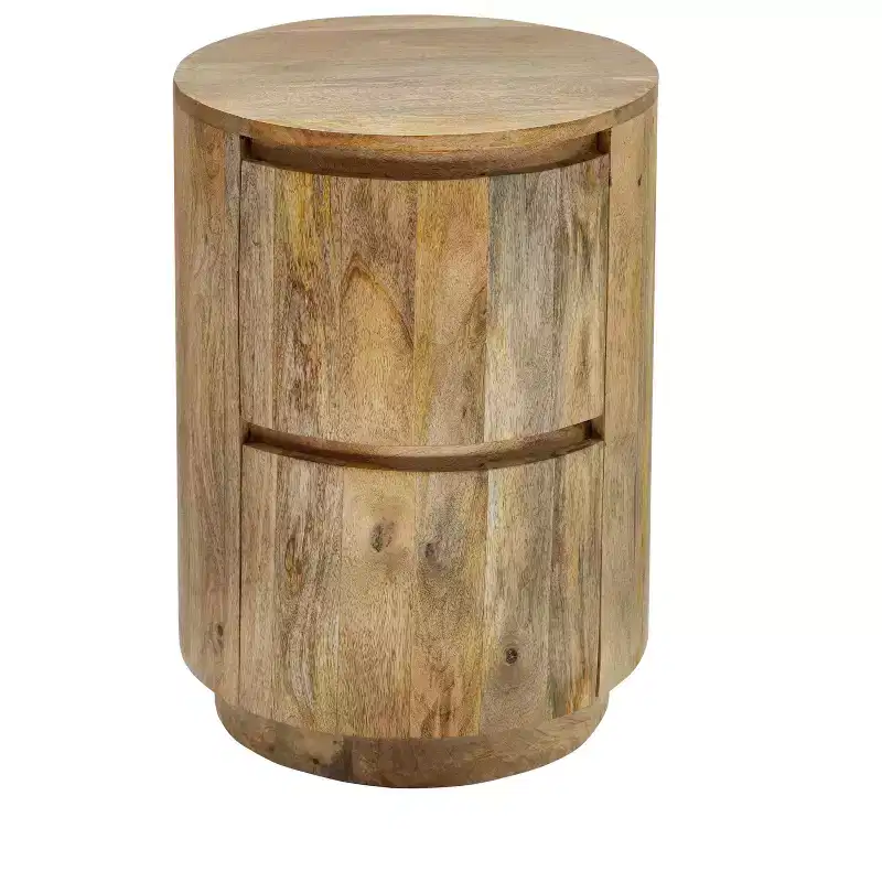 HomeRoots 24 Natural Solid Wood Round Drum End Table With Two Drawers