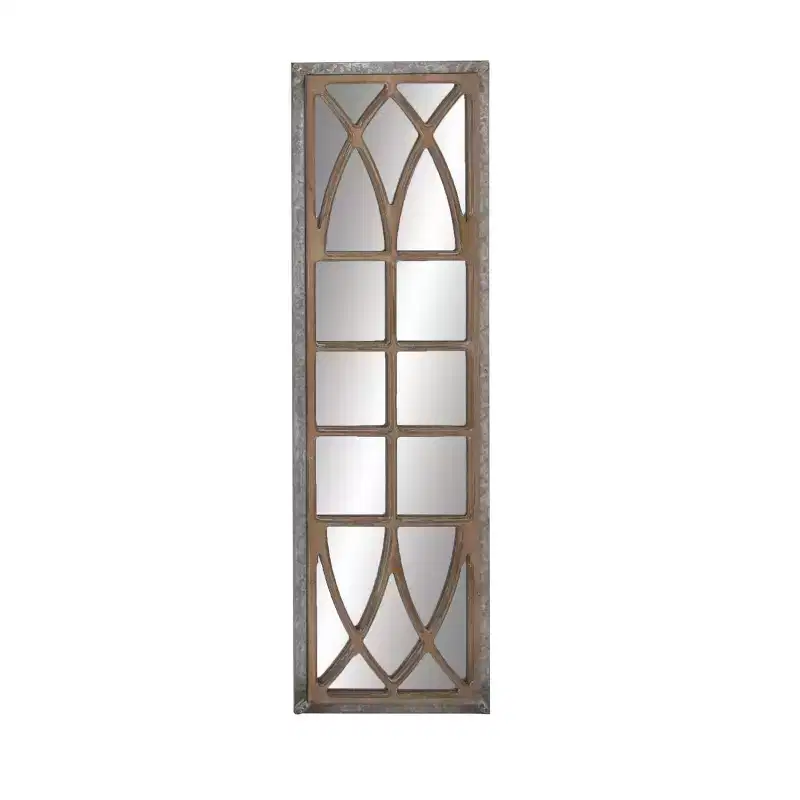 Farmhouse Wood Window Pane Inspired Wall Mirror in Brown Rustic Rectangular No Assembly