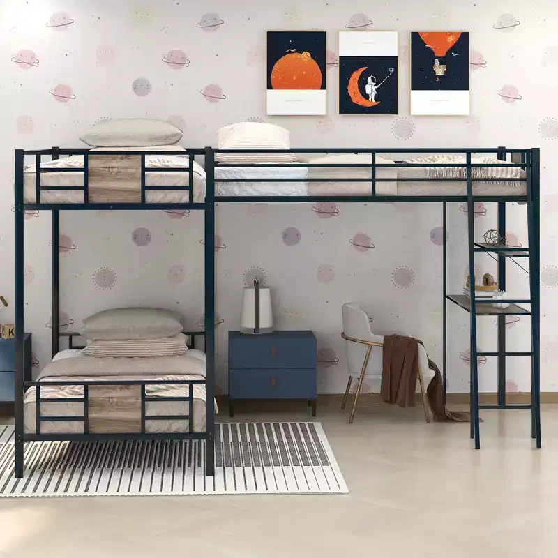 L-Shaped Twin over Twin Bunk Bed with Twin Size Loft Bed with Desk and Shelf , Brown - ModernLuxe