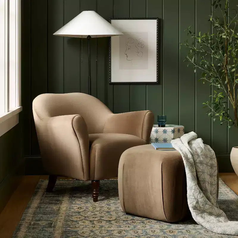 Turned Leg Velvet Accent Chair Tan