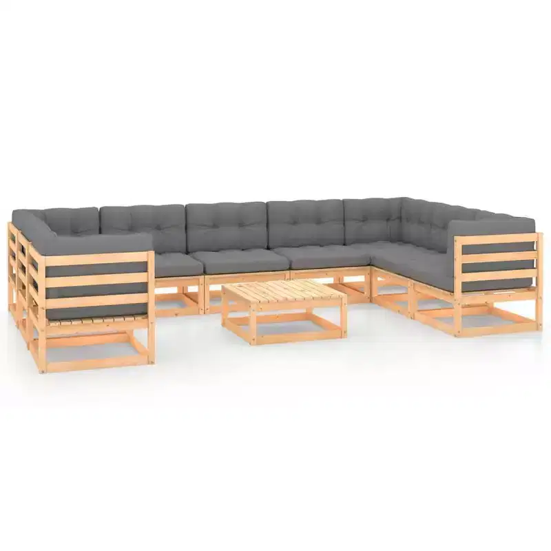 vidaXL 10 Piece Patio Lounge Set with Cushions Solid Wood Pine - Natural Yes