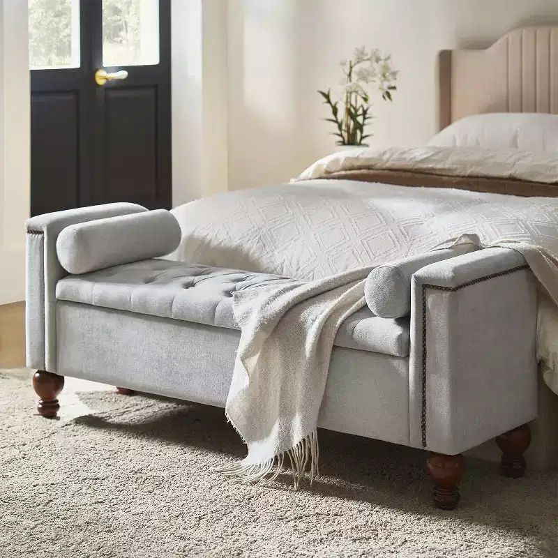 Upholstered Storage Bench with Bolster Pillows and Solid Wood Legs