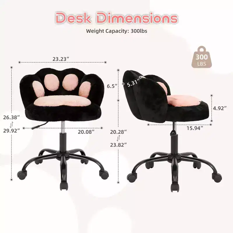 Vanity Chair with Cat Paw Back, Armless Desk Chair Cute Small Office Chair with Wheels ,Teddy Fabric 360Rotating Computer Chair, Adjustable Height