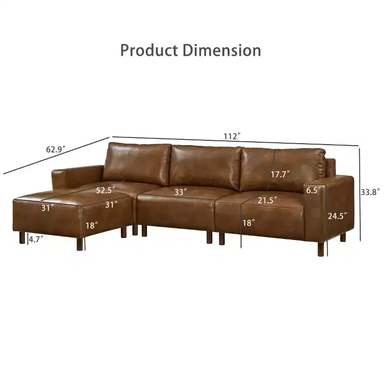 GDFStudio Arvin 112 Modern 3-Seat Faux Leather Upholstered Sectional Sofa with Ottoman