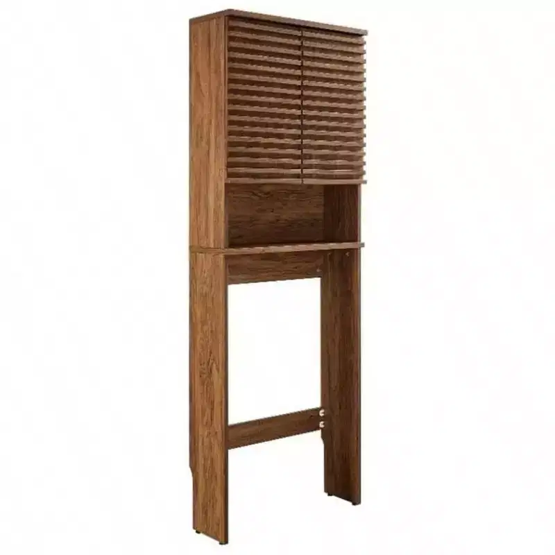 Modern Toilet Storage Cabinet in Walnut with Open Shelf and 2 Soft - Close Doors Wall Mounted Linen Organizer Adjustable Shelves