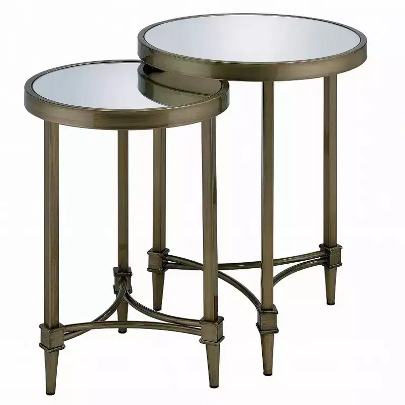 Set of 2 Brass & Mirrored Nesting End Tables, Round, Antique Brass Frame, 18