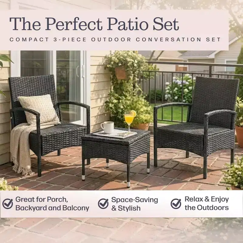 Outdoor Patio Furniture Set  3-Piece Rattan Seating Combo with 2 Chairs and Table for Deck, Balcony, or Front Porch Furniture by Lavish Home (Gray)