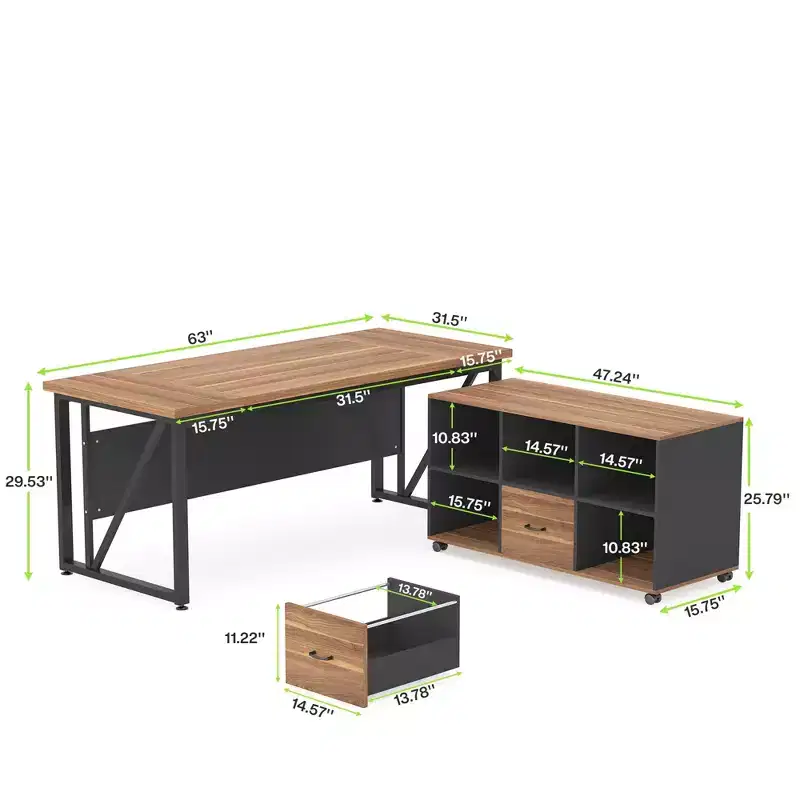 MAYEERTY Computer Desk L Shaped 55x63in Executive Desk and Mobile File Cabinet
