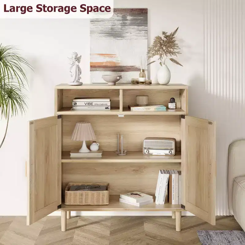 36 Modern Rattan Sideboard Cabinet - 2-Door Storage Buffet with Shelf, Boho TV Stand & Coffee Bar for Dining Room, Kitchen & Entryway