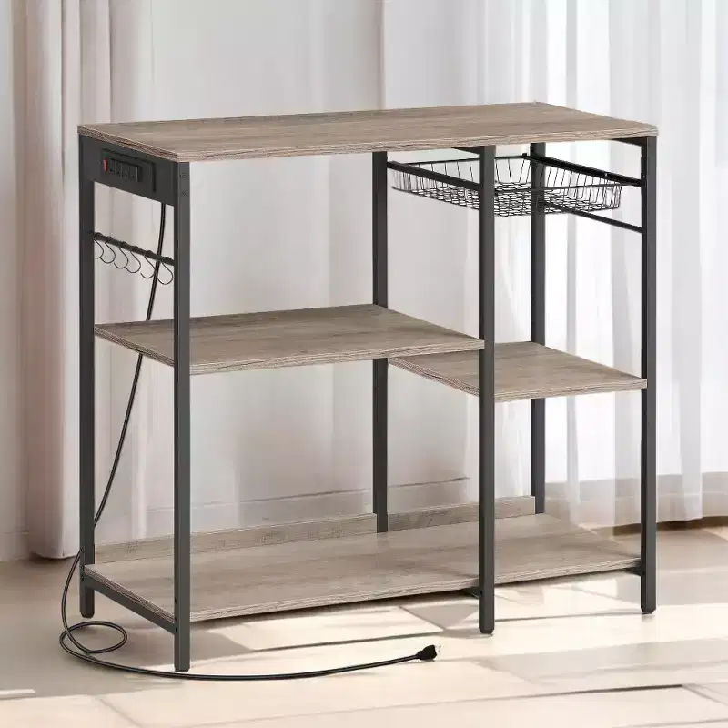 Baker's Rack Coffee Bar Stand with Charging Station, Pull-Out Wire Basket & Adjustable Shelves, 400 lbs