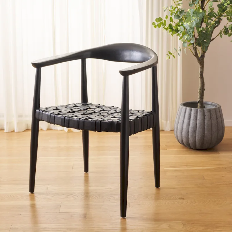SAFAVIEH Birtie Woven Leather & Solid Wood Accent Chair (Fully Assembled) - W25 x D22 x H22 - 25Wx22Dx22H