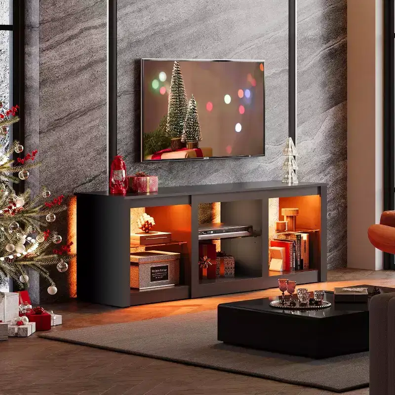 White TV Stand with LED Lights for TVs up to 65 Inch, Entertainment Center with Glass Shelves