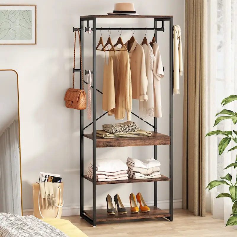 Freestanding Coat Rack with Shelves, 4 Shelves and 8 Hooks