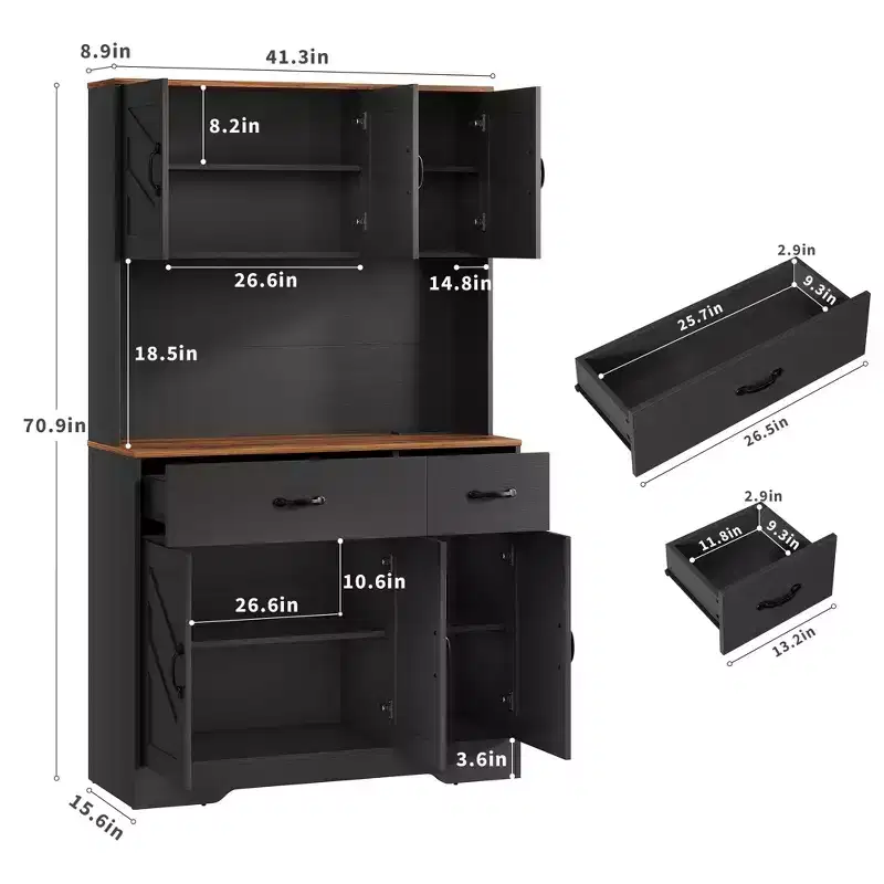 71 Kitchen Pantry Cabinet with Charging Station, Large Countertop, Microwave Stand & 2 Drawers,Hutch Storage for Dining & Living Room