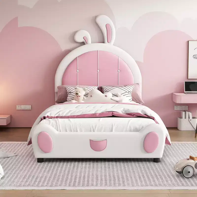 Rabbit Shaped Platform Bed Frame for Kids, Cute Twin PU Upholstered Bed Frame with Headboard for Boys Girls, White+Pink