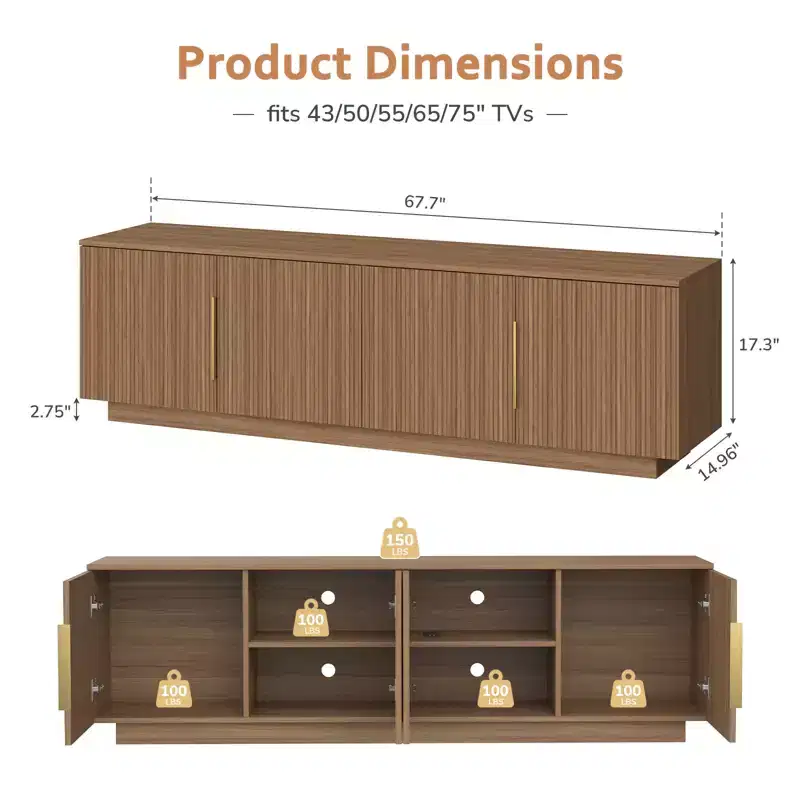 Zevemomo 67.7 Farmhouse TV Stand for 75 Inch TV with 16 Color LED Lights, 6 Storage Compartments, Media Console for Living Room, Brown