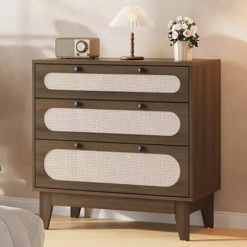 WhizMax 3 Drawer Wood Dresser, Rattan Nightstand Bedside Table