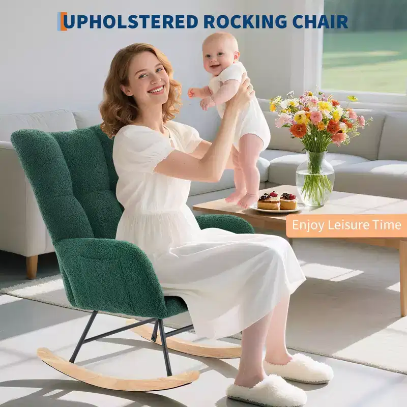 Comfortable high-back rocking chair  a padded lounge chair, a modern single recliner with headrest support, suitable for living room, bedroom.