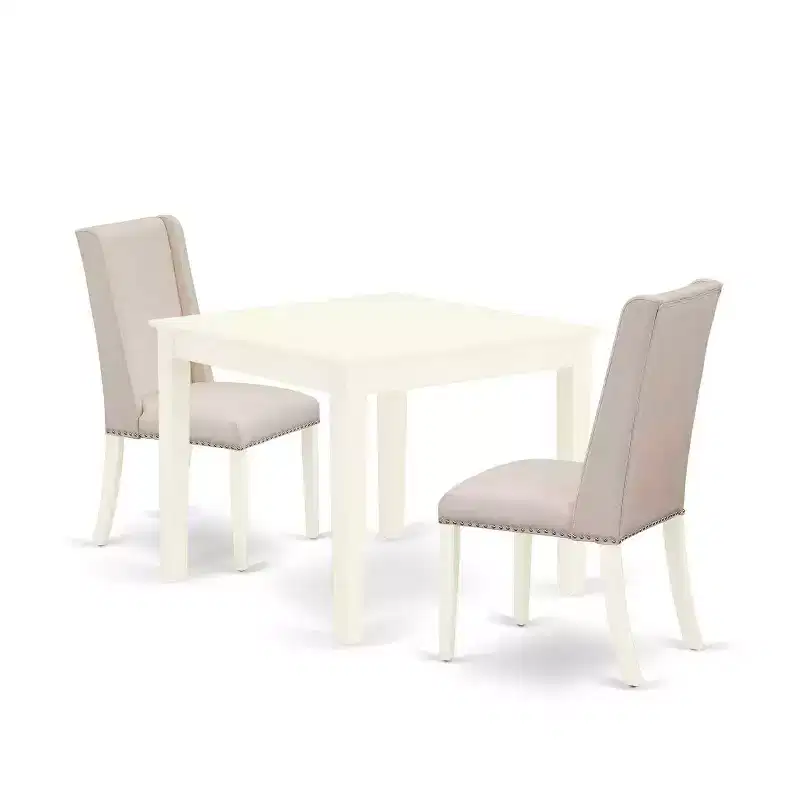 HomeStock 3-Piece Linen White Finish Rectangular Solid Wood Top Dining Table Set