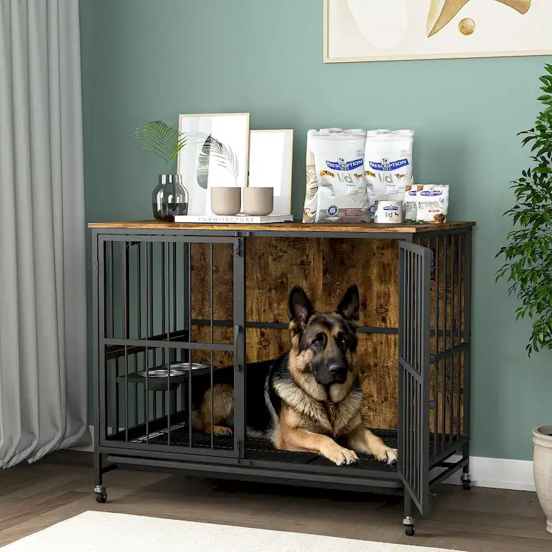 Kennel Dogs room up to 80 LB with Rremovable Ttray,2 Door Dog House,lift Panel,360 Degree Rotation,3 Height Adjustable Bowls