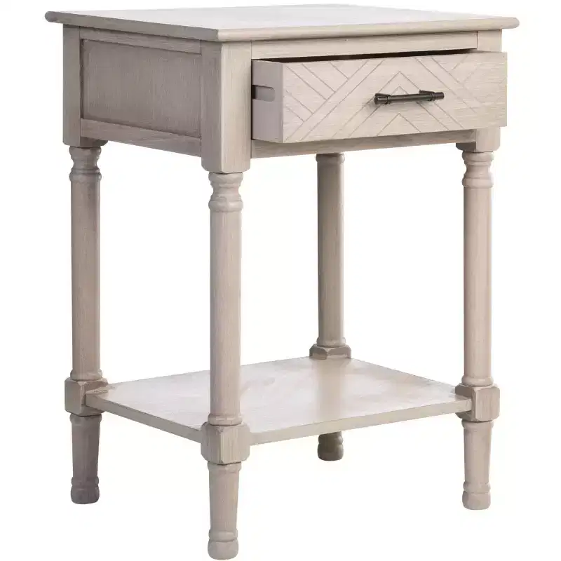 1-Drawer Accent Side Table with Herringbone Detail & Open Shelf, Distressed White