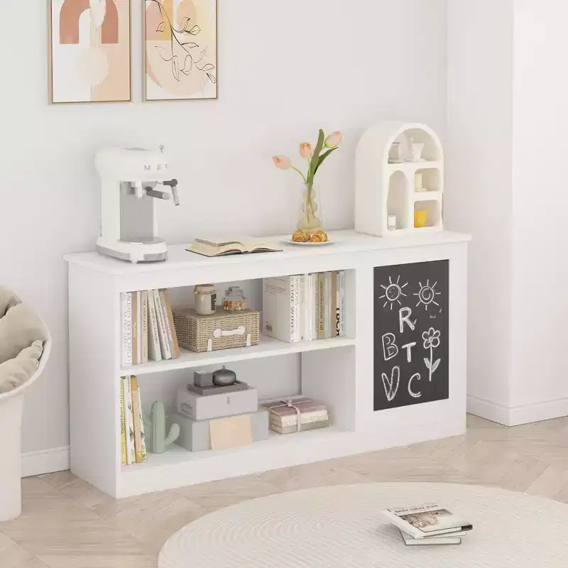 3-in-1 Kids Bookshelf and Toy Storage Cabinet with Chalkboard  Modern White Organizer for Playroom