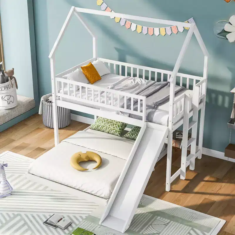 Whisen House Roof Design Twin over Full House Bunk Bed with Slide and Built-in Ladder