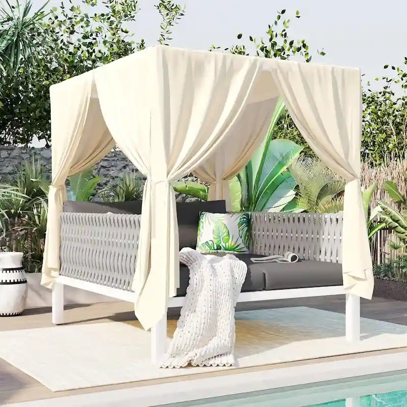 Outdoor Patio Sunbed with Curtains, High Comfort, Suitable