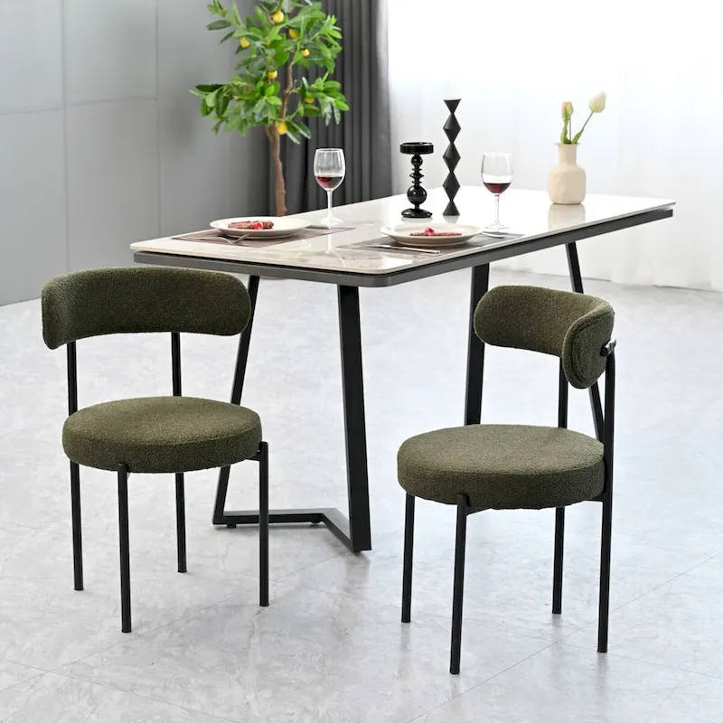 Boucle Dining Chairs Set of 2,Mid-Century Modern Curved Backrest Chair,Round Upholstered Kitchen Chairs
