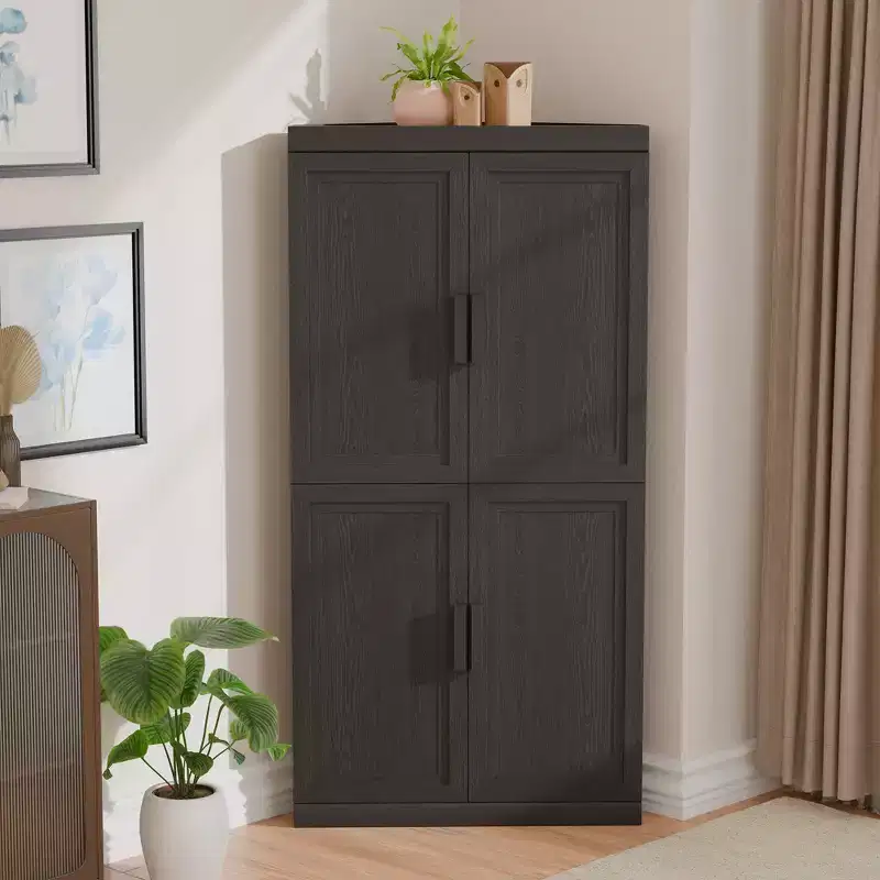 Modern Solid Wood 4 Doors Corner Storage Cabinet Efficient Storage for Home Cornei Libing Room Black