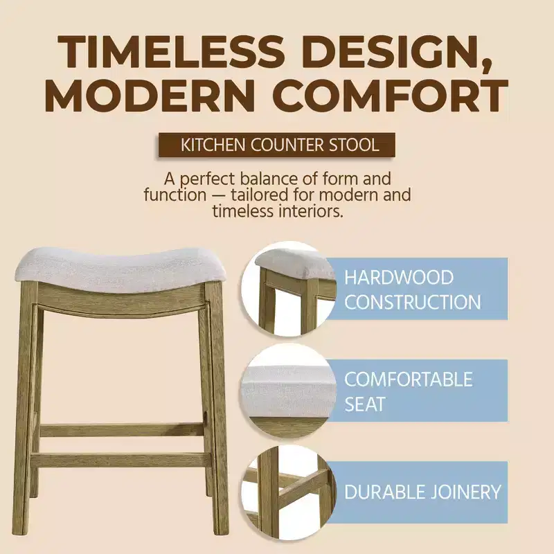 ROME + OAK Parker Backless Saddle Counter Stool, Natural, Cream Upholstery, 2 Pack