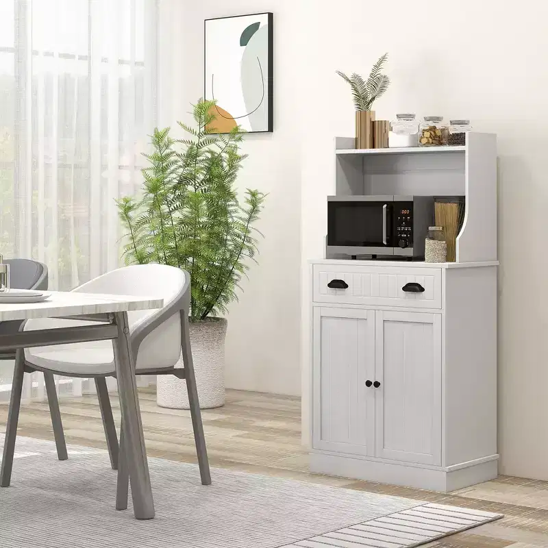 HOMCOM Microwave Cabinet with Drawer, Double Door Cabinet and Adjustable Shelf, Buffet with Hutch and Cable Hole for Kitchen, Dining Room, White