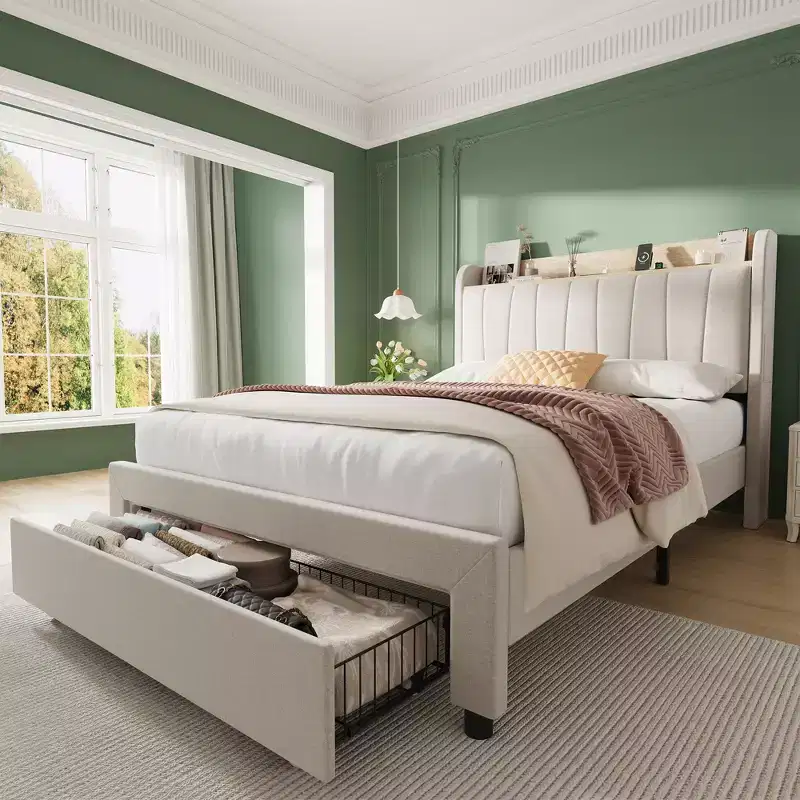 Twin Bed Frame with Headboard, Sturdy Twin XL Bed Frame with Upholstered Headboard, Platform Bed with Storage Headboard, Charging Station, Drawers