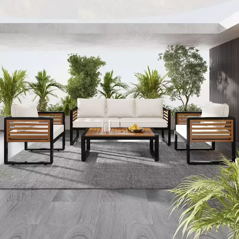 4-Piece Outdoor Patio Conversation Set for 5, Metal Frame Sofa Set with Cushions and Acacia Wood Coffee Table for Garden, Backyard-Panipeachy
