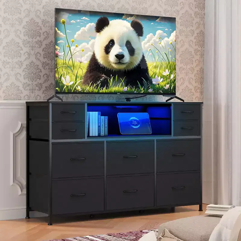 10 Fabric Drawers Dresser, Entertainment Center TV Stand with Power Outlet & LED Light for 45-55 TV, Chest of Drawers with Wood Top for Bedroom