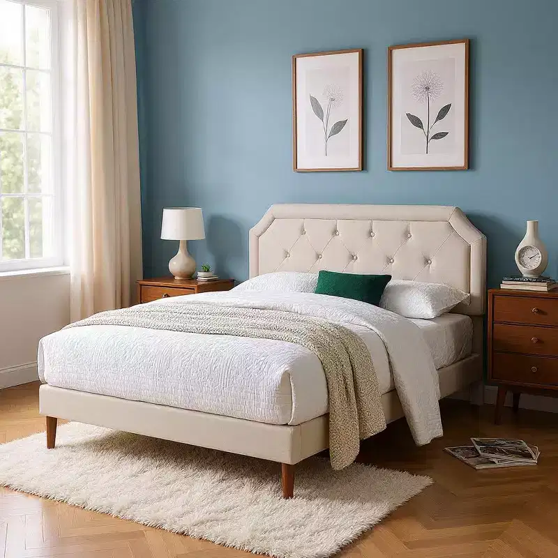 MAYEERTY Platform Bed Frame - Upholstered Padded Headboard, 12 Wood Slats & Center Support Leg