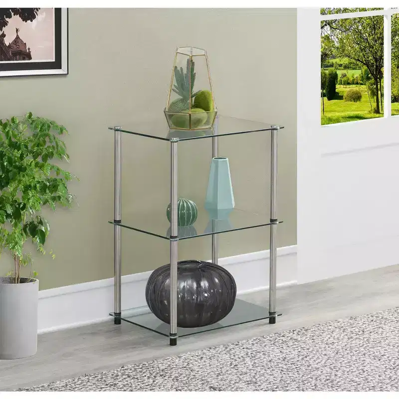 HomeStock Belmont Tall Glass 3 Tier End Table, Stylish Modern Accent Side Table with Multiple Glass Shelves for Any Living Space