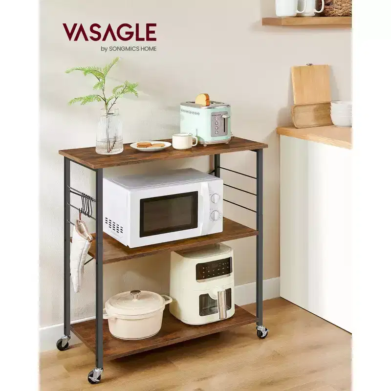 Rustic Brown & Black Industrial - Style Kitchen Cart on Wheels - 3 - Shelf Serving Cart with 6 Hooks. Ideal for Microwave, Mini Oven, Toaster